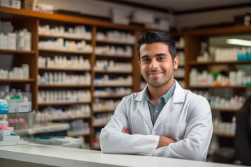 Zelfklevend Fotobehang portait of a happy latin male pharmacist in a drugstore © LuisFernando