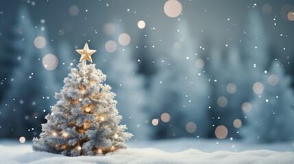 Fototapeta na wymiar Merry christmas and happy new year holiday. Christmas Tree with Balls decorated in wonderful snowy winter landscape. Christmas greetings concept with snowfall. Generative AI