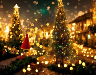 Christmas postcard with lights, trees, and decorations, Cinematic view, 3D Digital Art.