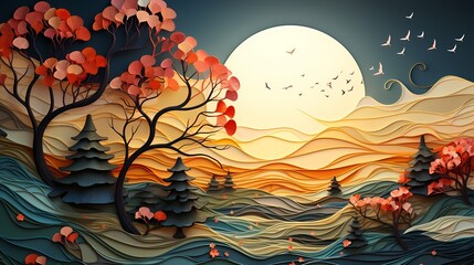 Stylized Paper Art Landscape with Sunset and Birds
