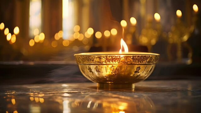 Captivating image of a golden bowl filled with holy water, reflecting the ethereal glow of candles and the ornate interior of a church.