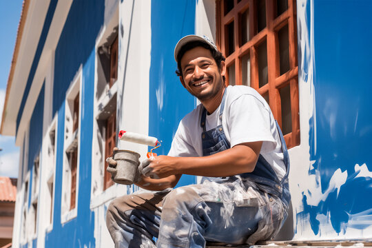 happy latin american painter painting the front of a traditional home