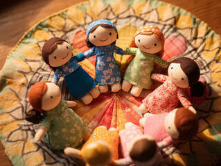 Friendship Patchwork SCENE: Adorable patchwork dolls holding hands in a circle, symbolizing the strength and support found in friendships during challenging times.