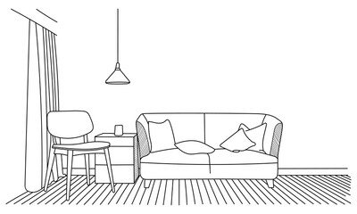 Furniture. Interior. Living room with sofa, table, lamp, window. Vector.