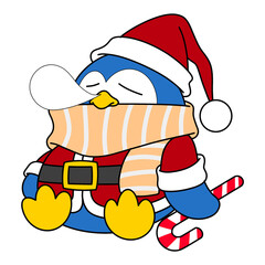 Funny Christmas illustration. A penguin wearing a Santa Claus costume is sleeping while holding a candy cane in his hand on transparent background.