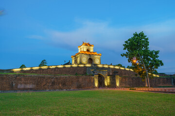 Fototapeta na wymiar Quang Duc gate to Hue Imperial City (the Citadel) in Hue city, Vietnam, during twilight period