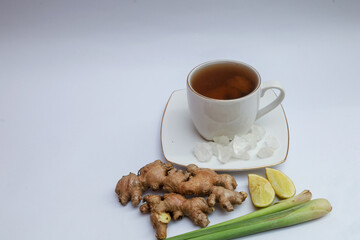 Hot ginger lemongrass lemon tea healthy drinks for immunity. High angle view herbal ginger tea, treatment ingredient for therapy