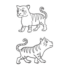 Set of tiger cartoon hand drawn sketch illustration vector