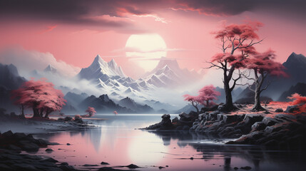 sunset in the mountains. winter concept generative with Ai tools