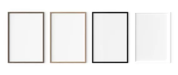 Fotobehang 3D Rendering of mockup photo frame size DIN A4, set of 4. dark and light wood, and glossy black and white frame on white background © knssr