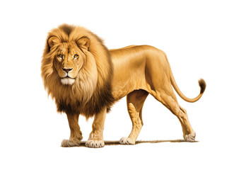 Obraz premium Golden lion No shadows, highest details, sharpness throughout the image, highest resolution, lifelike, white background 