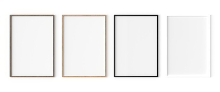 3D Rendering of mockup photo frame size DIN A4, set of 4. dark and light wood, and glossy black and white frame on white background