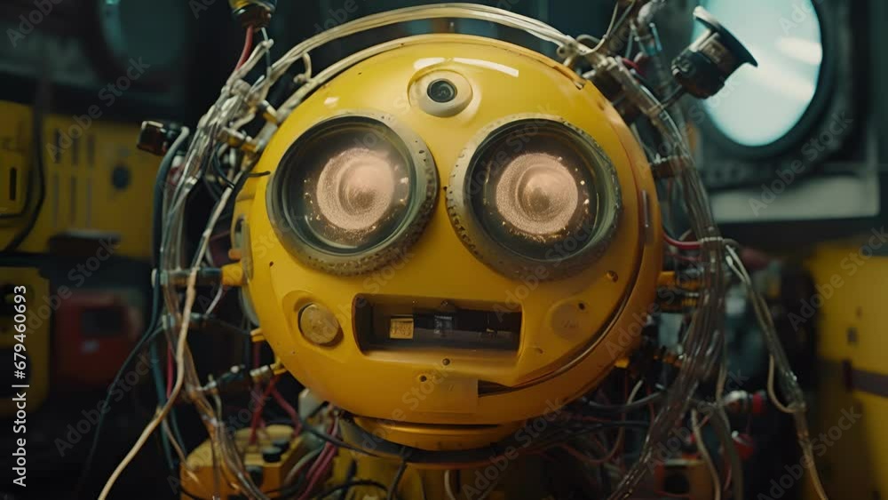 Poster a circular tv full of random plugs and circuits adorned with a large yellow on and a strange robotic