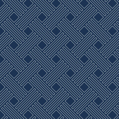 Abstract geometric seamless pattern with white lines and square shapes on dark blue backgrounds. Diagonal graphic design for textile and fabric print. Vector Illustration.