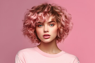Portrait of a beautiful girl with pink wavy hair on pink background close-up front view. - obrazy, fototapety, plakaty