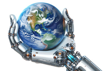 Concept of technology's global impact. Robotic hand holding an Earth globe on transparent background. AI Generative