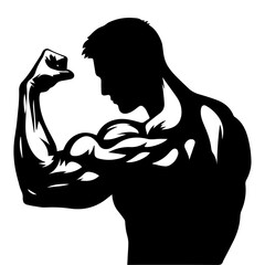 One Hand Muscle vector silhouette illustration black color, Body Builder muscle logo - obrazy, fototapety, plakaty