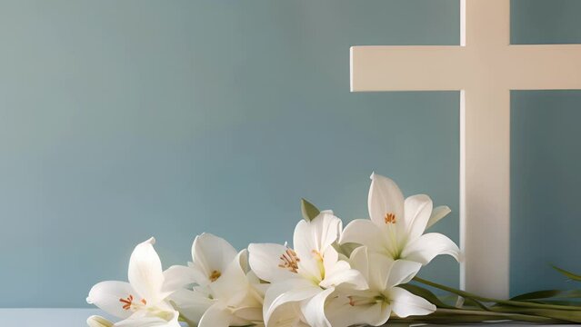 Concept photo of a simple yet striking cross, embellished with lilies that have been carefully p to create a stunning display of Easter symbolism.