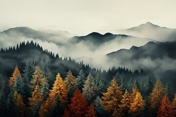 Obraz premium Aerial high-top view of autumn colorful trees above the forest, Yellow, red, and green nature