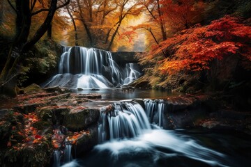 Fototapeta na wymiar Beautiful waterfall in the autumn season Long exposure photography
