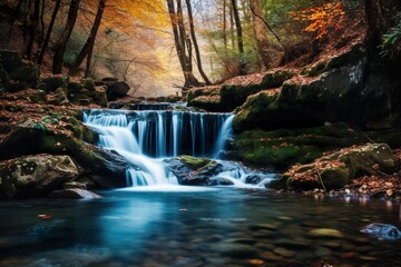 Beautiful waterfall in the autumn season Long exposure photography