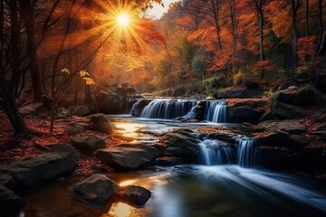 Beautiful waterfall in the autumn season Long exposure photography