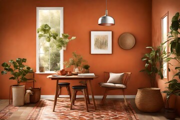 orange ,purple, green , pink  , brown ,yellow , grey , black interior room design and decoration with mirror at the back wall and sofa set decoration with shinning doors and picture hanging on wall 