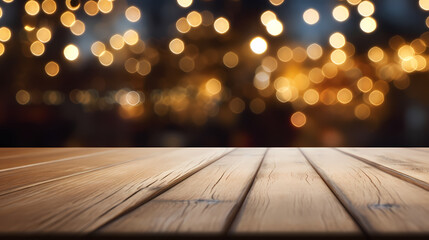 Empty wooden desktop with blurred Christmas background, Christmas and holiday decoration material, PPT background