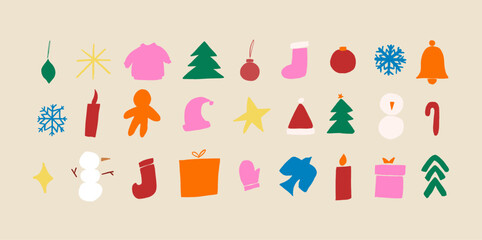 Big set of isolated abstract contemporary modern trendy vector illustrations in hand-drawn various colorful Christmas shapes and doodle objects.