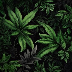 Seamless pattern with tropical leaves on black background