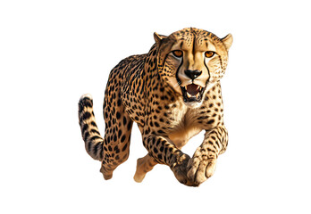 Cheetah running No shadows, highest details, sharpness throughout the image, highest resolution, lifelike, white background