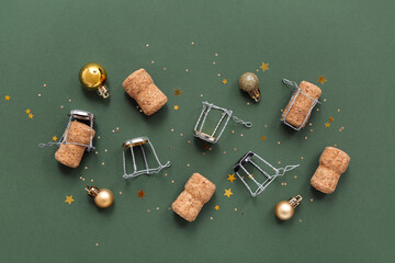 Champagne corks with Christmas decor on green background