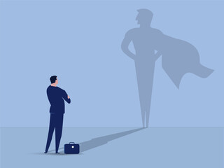 Young man standing in front of superhero shadow. vector Illustration.