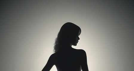 Silhouette of a beautiful woman with long curly hair on a gray background