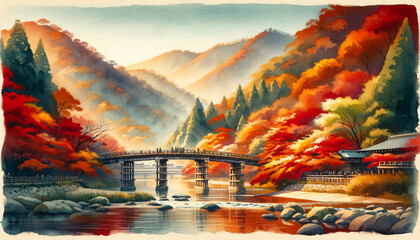 Watercolor - Autumn leaves at Arashiyama with the Togetsukyo Bridge in the foreground and Mount Arashiyama in the background.