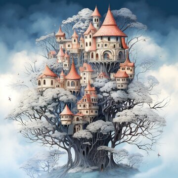 Fantasy fairy tale castle in winter forest,  Digital art painting