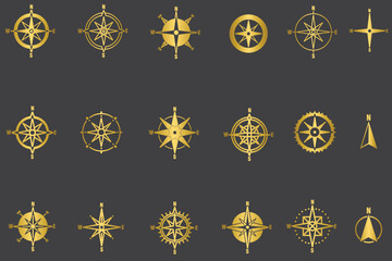 Set of golden compass rose or golden wind rose, collection of gold compass rose - obrazy, fototapety, plakaty