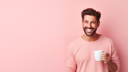 Photo of cheerful positive man holding cup of coffee isolated pastel color background
