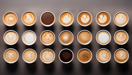 Flat lay of hot coffee latte art set on vintage dark background