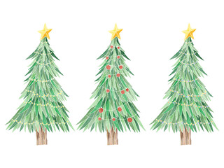 Set of watercolor Christmas tree, Decorative Christmas ornament on white background.
