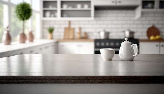 Kitchen interior table top mockup product with blurry background photography © Hey