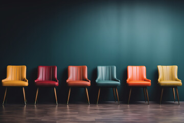 Obraz premium Chairs on a various colors based on a dining table background with minimal retouching, offering a minimalistic and clean style with stylish and smooth surfaces.