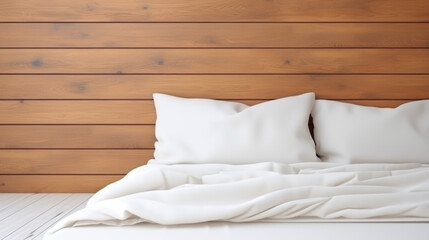 A bed on a wood brown and white background, with minimal retouching, back button focus, and a stylish, clean, minimalistic approach.