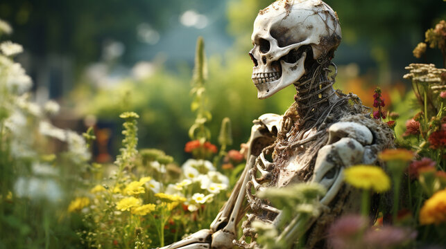 skull in the grass HD 8K wallpaper Stock Photographic Image 