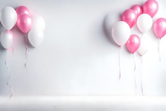 small cake in ascending order placed on the small table with multicolor balloons decorated  on the wall 
pink color balloons at the side border with text copy space in the middle written with happy 