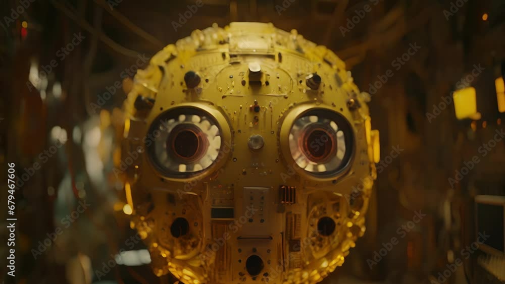 Poster a circular tv full of random plugs and circuits adorned with a large yellow on and a strange robotic