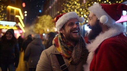 Santa Claus and a happy man together on a street full of people celebrate the Christmas holiday