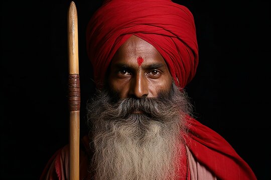 Portrait of a sadhu with red turban and wooden stick