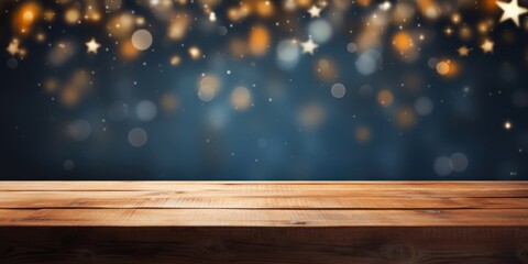 Empty old wooden table over magic dark blue glitter Christmas background