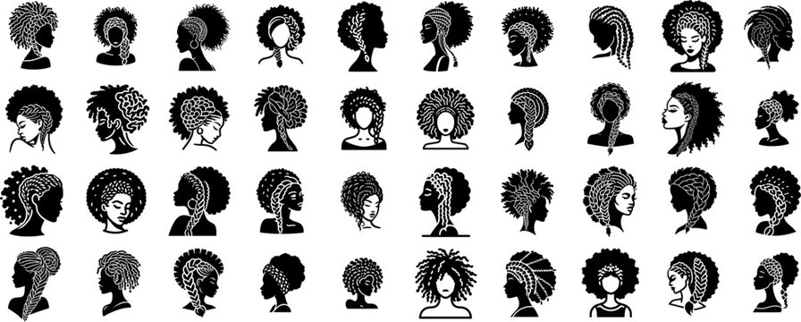 set of geometric silhouettes representing women afro braids and hairstyles diversity, vector	